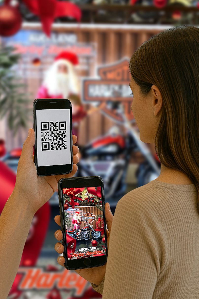 Christmas photo booth system in use at Auckland Harley-Davidson