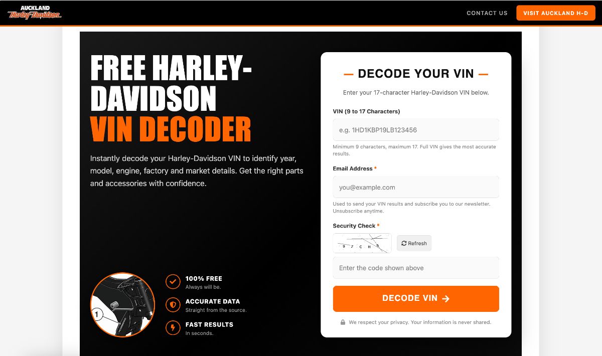 HarleyVIN decoder screenshot